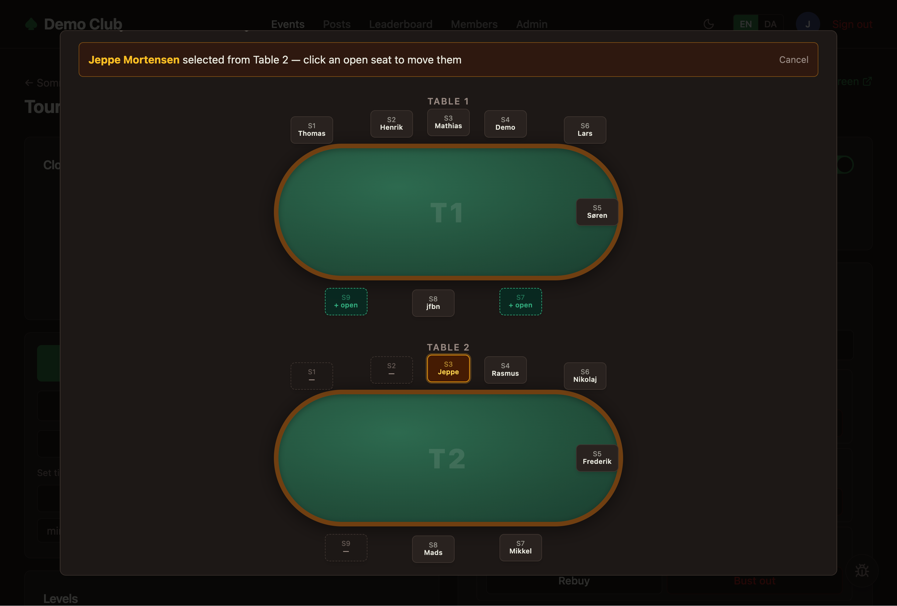 Move player — desktop seating admin
