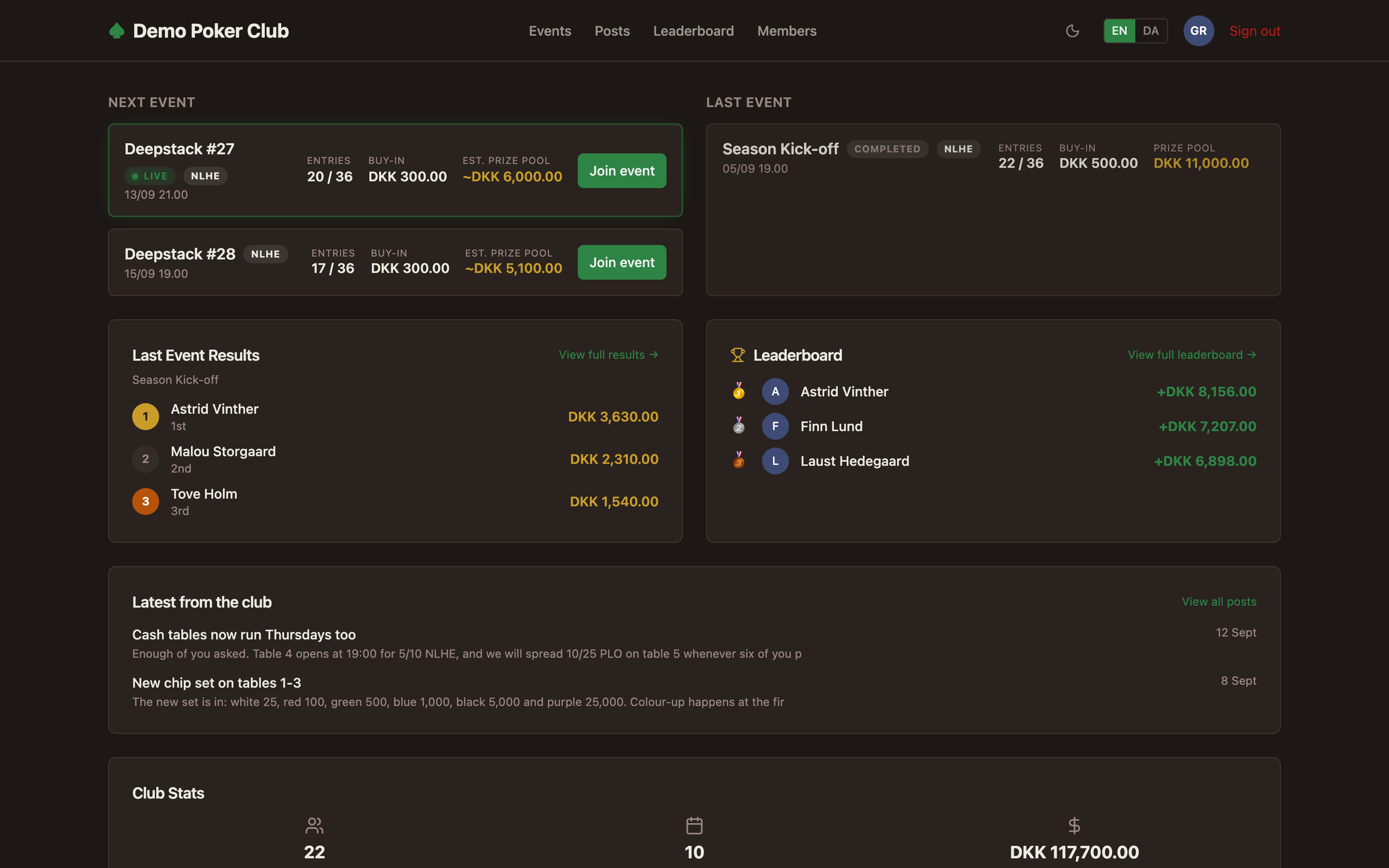pokerOS club dashboard — next event, last results, leaderboard and club posts