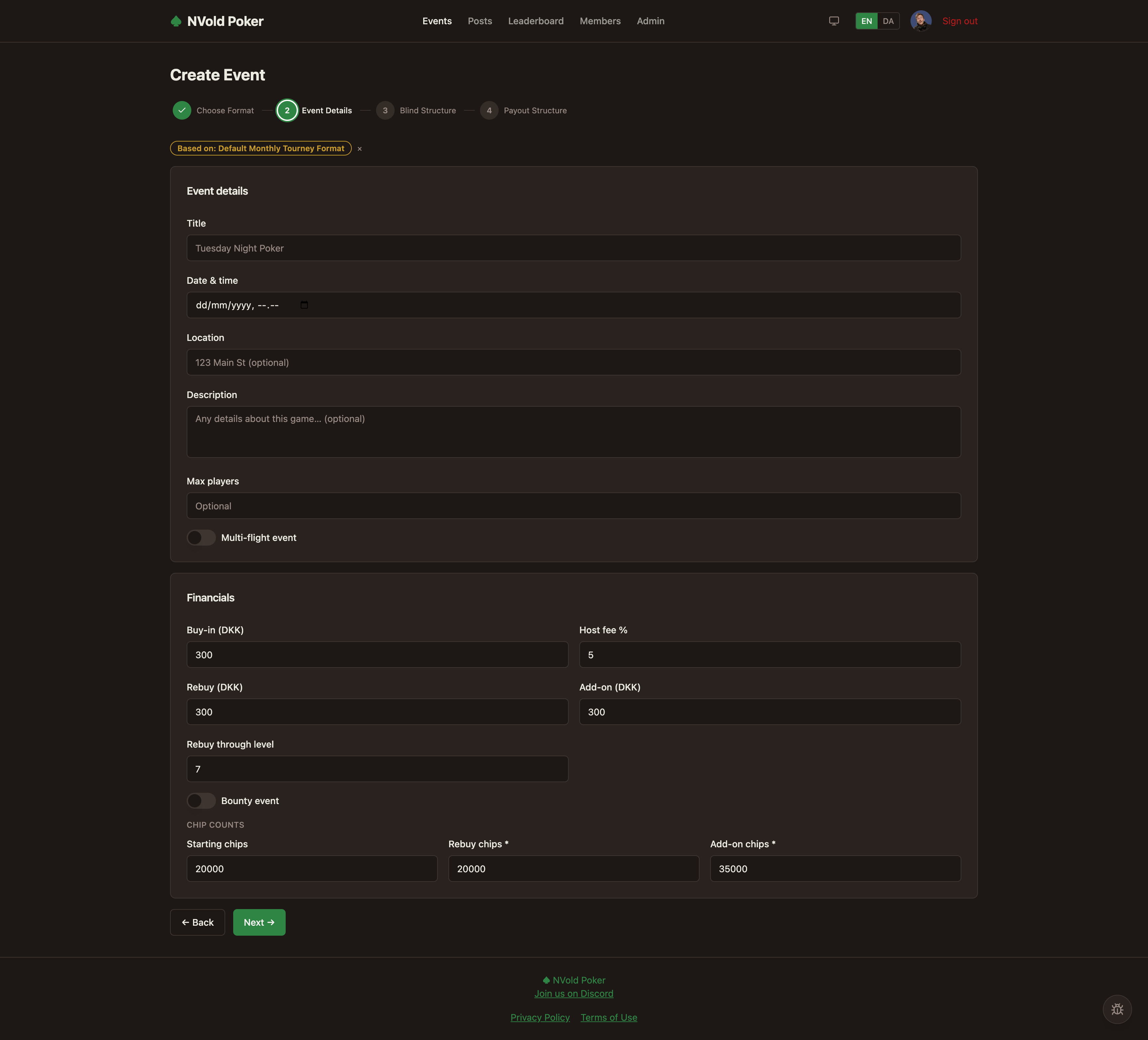 Create event — the four-step flow