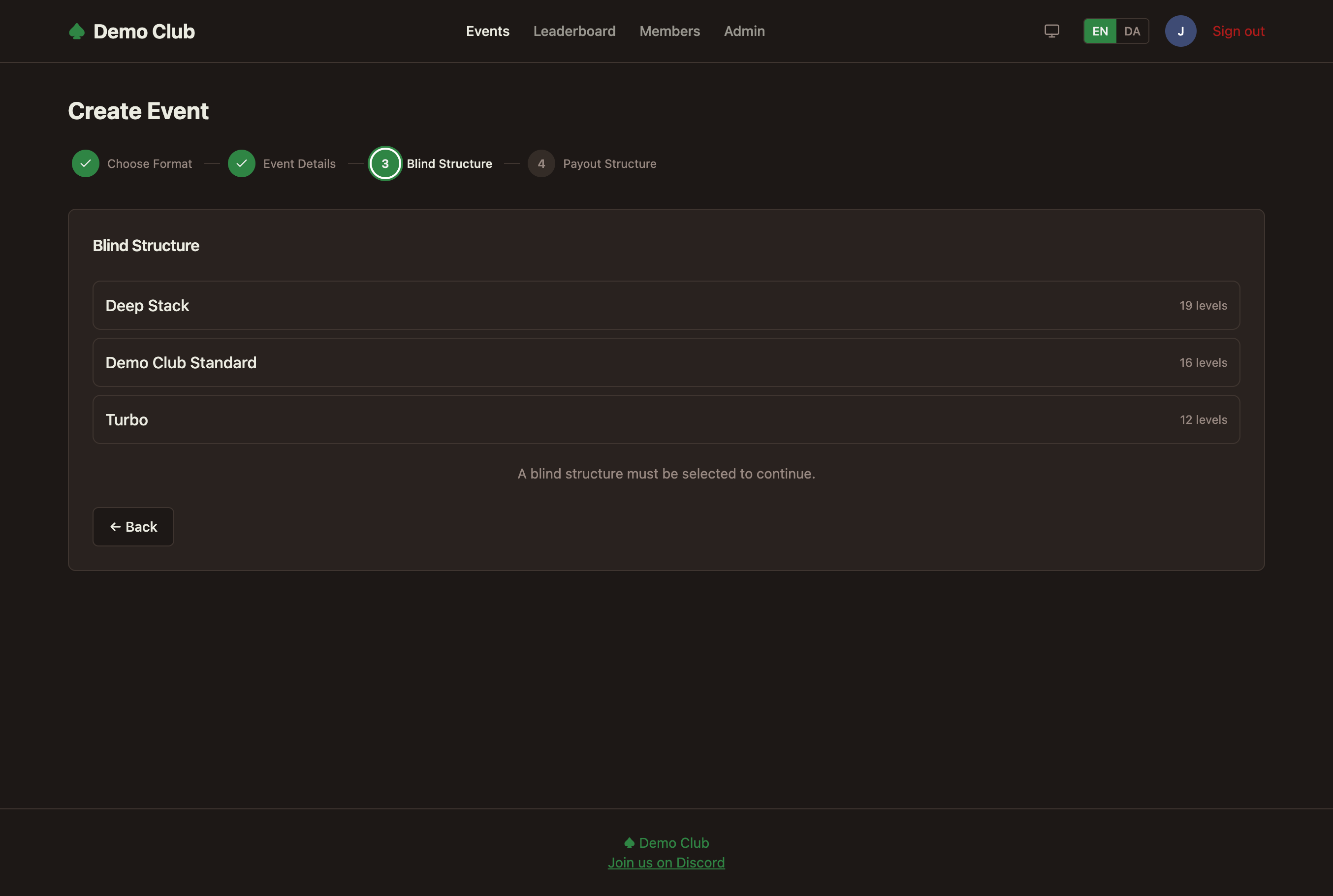 Create event — step 3, blind structure selection