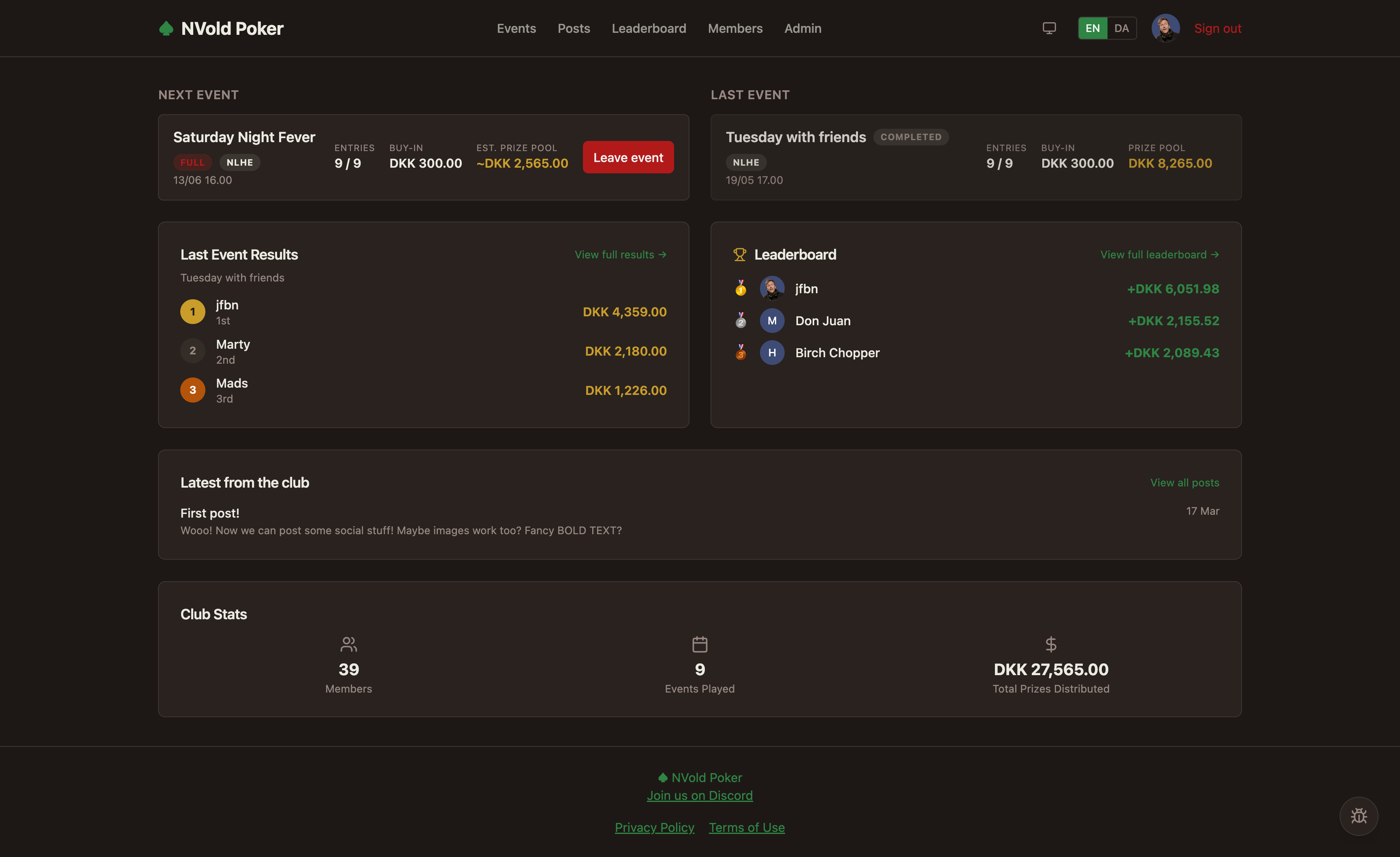 Club dashboard