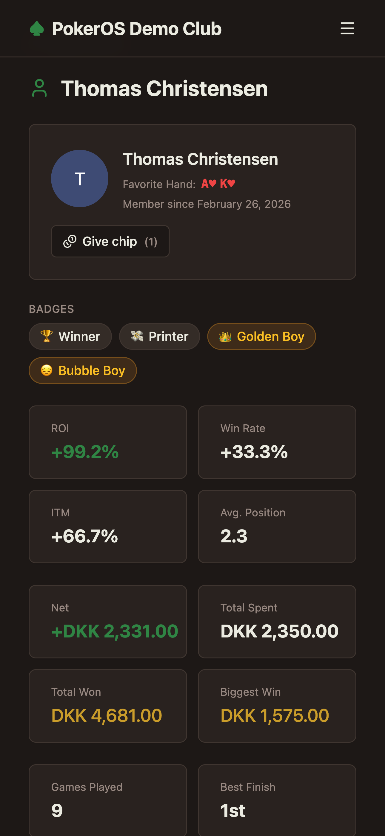 Player profile on mobile